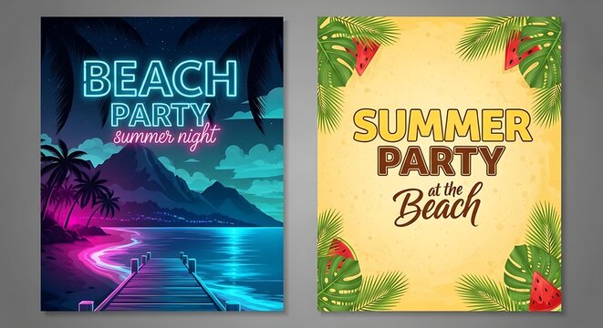 Vibrant neon beach party and tropical summer party invitations