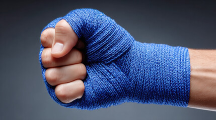 Hand wrapped in blue boxing hand wraps clenched fist close up preparation strength determination sport training