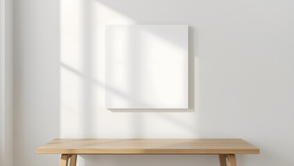 Fototapeta premium Blank canvas on a wooden table with soft sunlight shadows