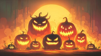 Spooky glowing pumpkins haunt the halloween night mystery garden digital art enchanted atmosphere eerie perspective