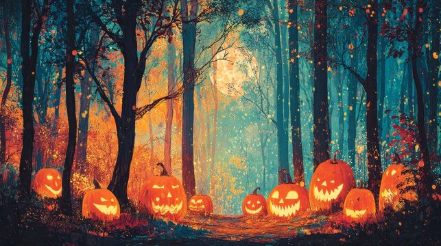 Spooky halloween night with haunted pumpkins enchanted forest gigapixel art mystery lighting