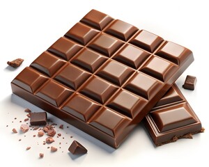 Fototapeta premium A segmented bar of rich milk chocolate with a broken piece and crumbs, isolated on a white background