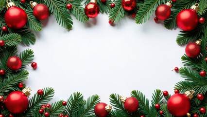 Christmas border frame of fir branches and red baubles on white background