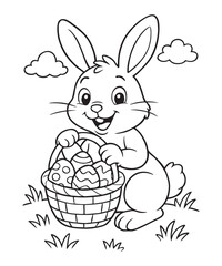 Smiling rabbit holds a basket filled with decorated eggs among grass and fluffy clouds outline