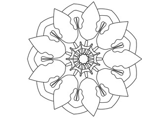 A detailed hand-drawn mandala featuring floral and leaf patterns with peace symbols. Black and white boho-style line art, perfect for coloring pages, tattoos, meditation designs, or decorative prints.