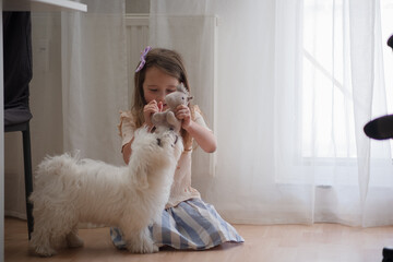 Beautiful little white girl and her white puppy. The girl plays with her dog in a bright room on the floor. Cozy home atmosphere of life with a pet