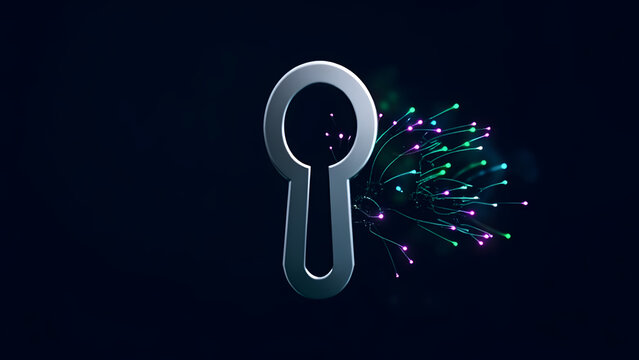 Keyhole icon revealing abstract network nodes inside, minimalist cybersecurity and finance concept on clean background - Powered by Adobe