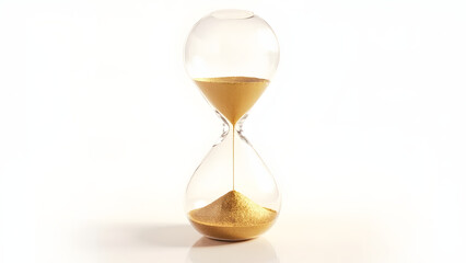 Minimalist hourglass icon with golden sand and shadow on white background
