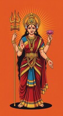 Obraz premium Maa Durga HD Mobile Wallpaper – Bold Vector Illustration with Trishul, Lotus, Orange Background, Navratri Design