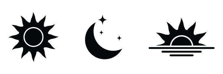 Sun moon and sunset vector icons set, day and night minimalist icon collection. Black silhouette day and night symbols. Black flat design weather icons for day, night, and evening time cycle concepts.