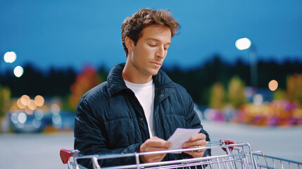 Young man checking receipt against items in shopping cart outdoors at night, thoughtful expression, autumn background