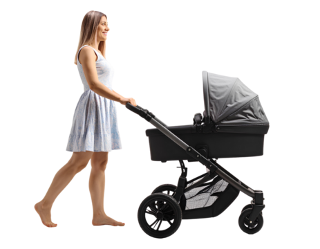 A woman pushing a stroller with a child seated inside, walking on a sunny day isolated on transparent background. - Powered by Adobe