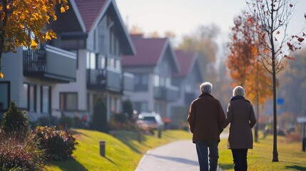 Two elderly individuals walking down a leaf-strewn sidewalk in a suburban neighborhood, with autumn trees and houses in the background.