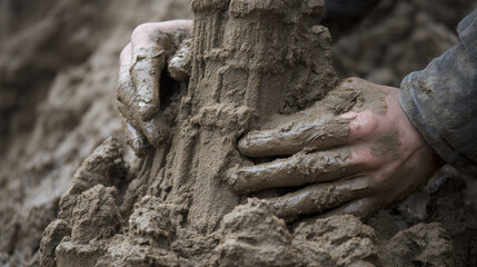 Human hands building a sand sculpture, emphasizing tactile interaction, natural materials, and meditative focus