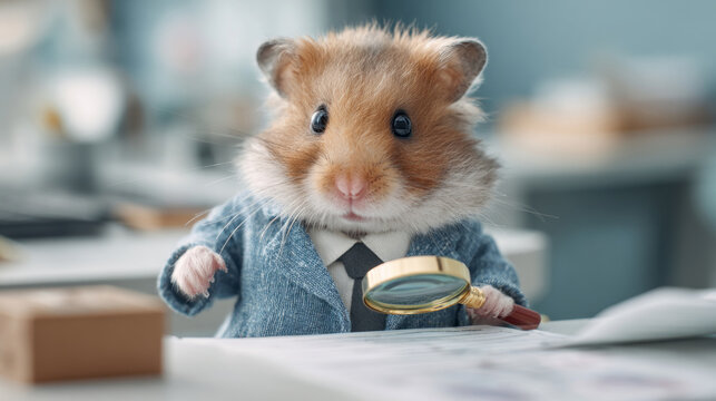 A cute hamster dressed as a business analyst examines papers with a magnifying glass in a modern office setting