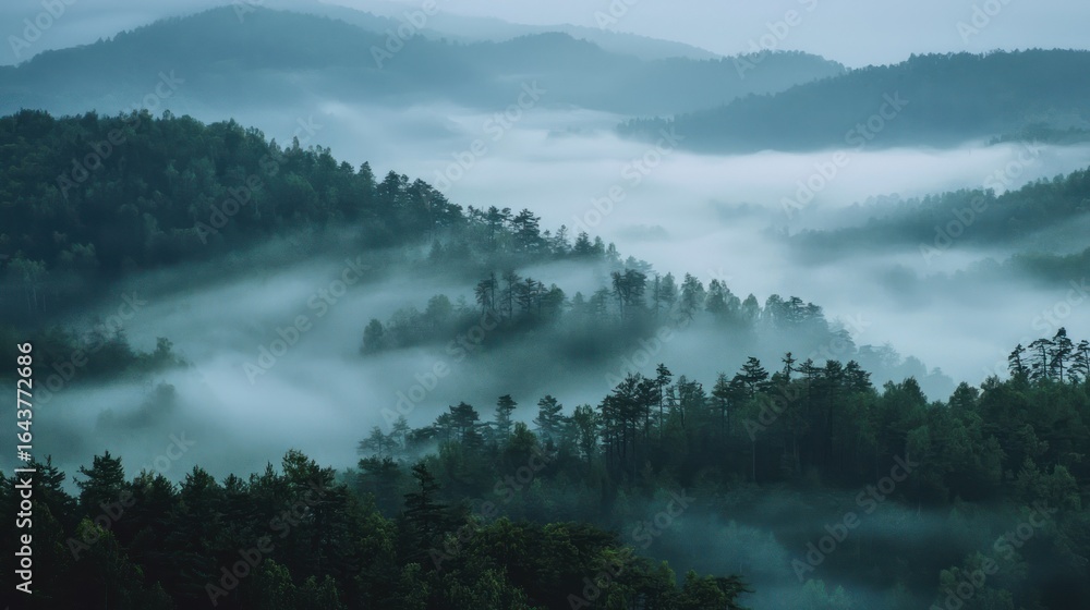 Aufkleber a misty forest landscape with dense trees and fog, creating a serene and mysterious atmosphere.