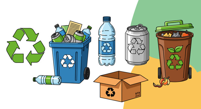 Illustration of recycling bins and recyclable items with recycling symbols on a split background design