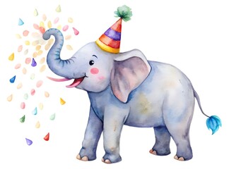 Fototapeta premium Cute Cartoon Elephant with Party Hat and Colorful Confetti