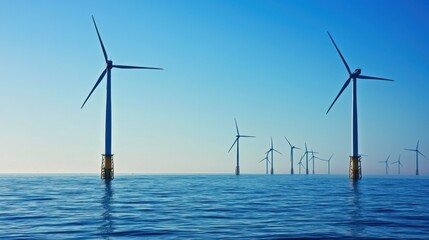 Offshore wind turbines in the ocean with a clear blue sky.