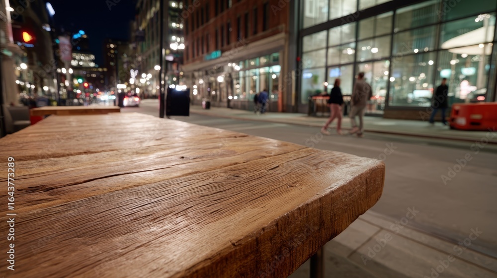 Poster closeup of rustic reclaimed barnwood surface with soft bokeh city lights in the background and ample