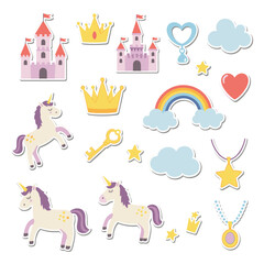 Fototapeta premium Magical unicorns and royal castles featuring enchanting crowns and rainbows for a fairytale adventure