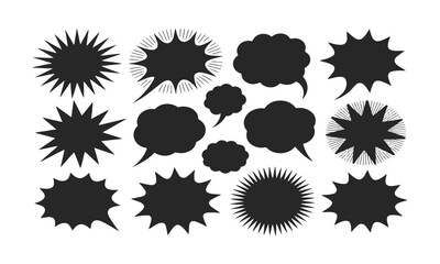 Modern vector illustration collection of black silhouette comic speech bubbles, action bursts, including jagged starbursts, cloud puffs, sharp angular rays, and spiky dialogue frames, easily editable.