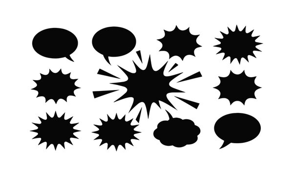 Modern vector illustration collection of black silhouette comic speech bubbles, action bursts, including jagged starbursts, cloud puffs, sharp angular rays, and spiky dialogue frames, easily editable.