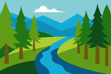 Flat design landscape with winding river and pine trees