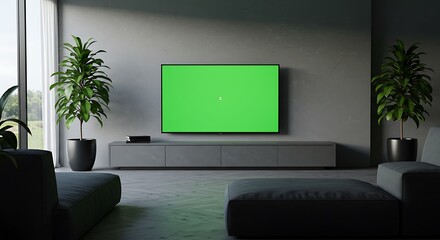 Modern living room with a green screen tv, plants, and minimalist furniture