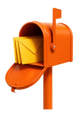 Orange mailbox containing yellow envelopes.