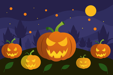 Spooky halloween night with carved pumpkins and a full moon