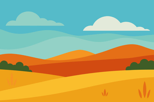 Stylized autumn landscape with rolling hills and clouds