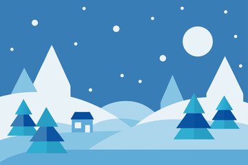 Minimalist winter landscape with snow falling on trees and mountains