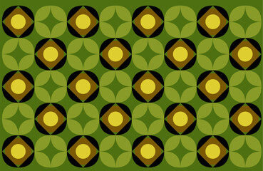 Floral background design art with flower design. An Indonesian ethnic batik style with geometric patterns in a vibrant green and gold color scheme.