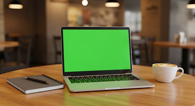Laptop with green screen on a cafe table with coffee and notebook - Powered by Adobe