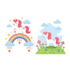 Fototapeta premium Whimsical unicorns frolicking in magical landscapes featuring rainbows and flowers for enchanting fantasy adventures