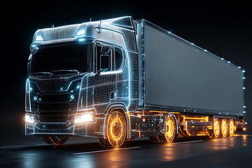 Futuristic semi truck design with glowing lights showcasing innovative transportation technology and digital design for modern logistics solutions