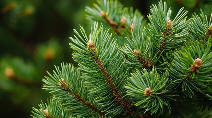 Green and brown pine needles on a branch with a blurred background.