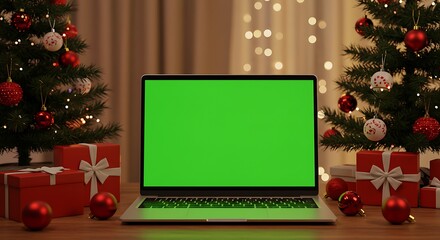 Laptop with green screen surrounded by christmas trees and gifts for holidays