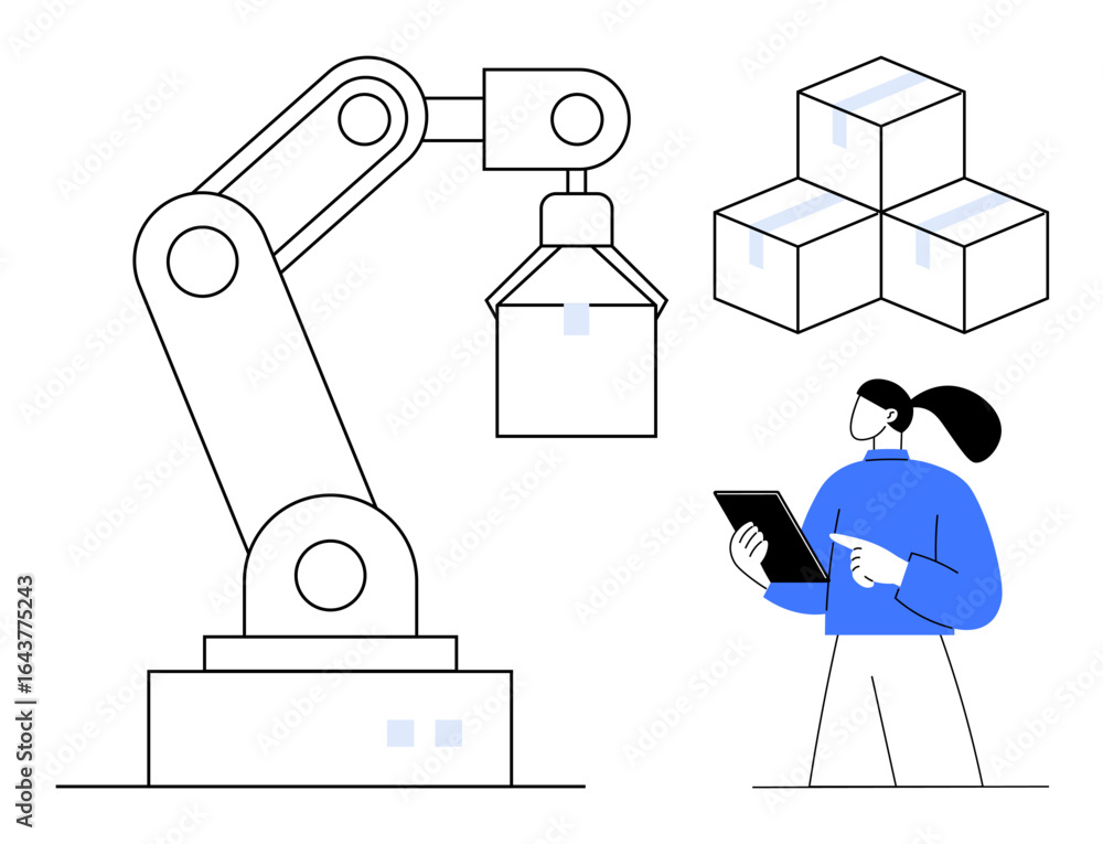 Poster robotic arm moving boxes controlled by an engineer using a tablet. ideal for automation, modern tech