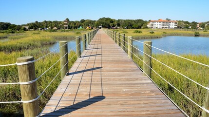 wooden boardwalk over the marshland of Florida.