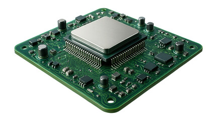 Close-up of a detailed electronic circuit board with a central processor.