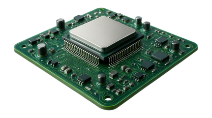 Close-up of a detailed electronic circuit board with a central processor.