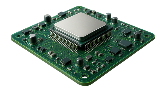 Close-up of a detailed electronic circuit board with a central processor.