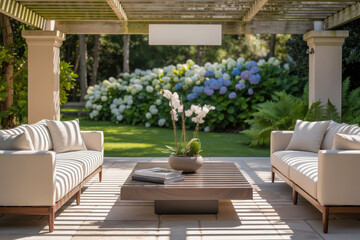 Obraz premium Elegant outdoor living space with comfortable seating and lush garden backdrop