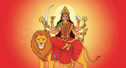 Obraz premium Maa Durga on Lion – Flat Vector Illustration, Red & Saffron Colors, Commercial Navratri Artwork