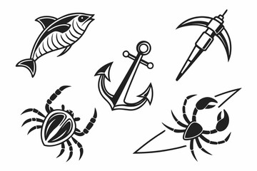Nautical Icons Fish Anchor Pickaxe and Crabs.