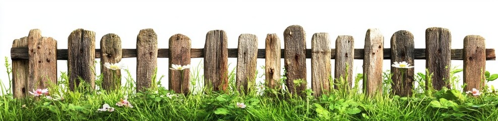 Obraz premium Weathered Wooden Fence Surrounded by Green Grass and Flowers