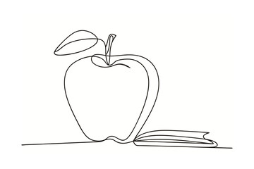 Minimalist single line drawing an apple with a leaf an open book fruit food