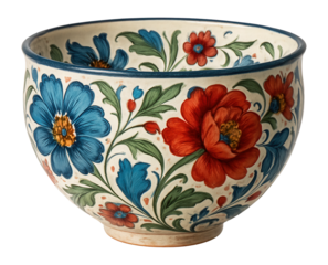 Hand-painted ceramic bowl with floral patterns for decorative use.